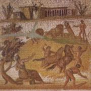 Mosaic from the Roman villa at Zliten in Tripolitania showing horses and cattle threshing corn